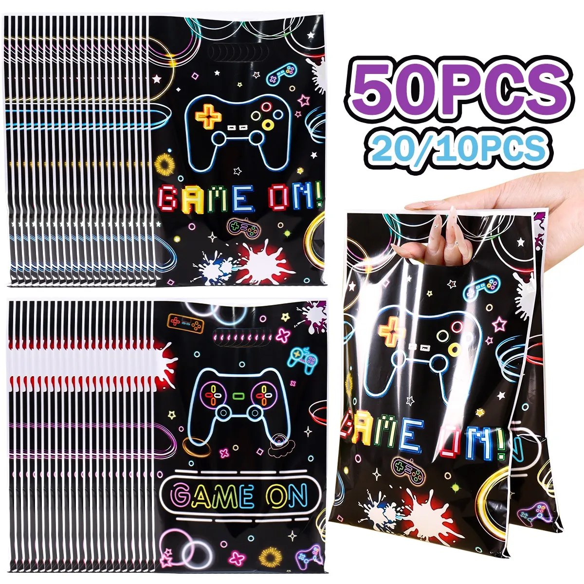 10/20/50 Stück Geschenktüten mit Gaming-Thema, fluoreszierendes Game-on-Design, Plastiktüten für Familientreffen, Geburtstagsfeier-Dekoration – Detail 7