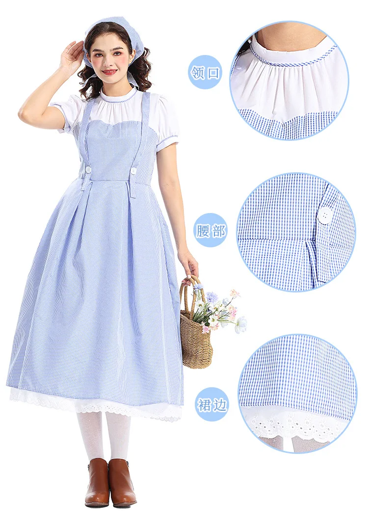 

Dorothy Cosplay Costume Blue Gingham Pastoral Maid Dress Carnival Halloween Party Sexy Vintage Women Costumes Wizard of Oz