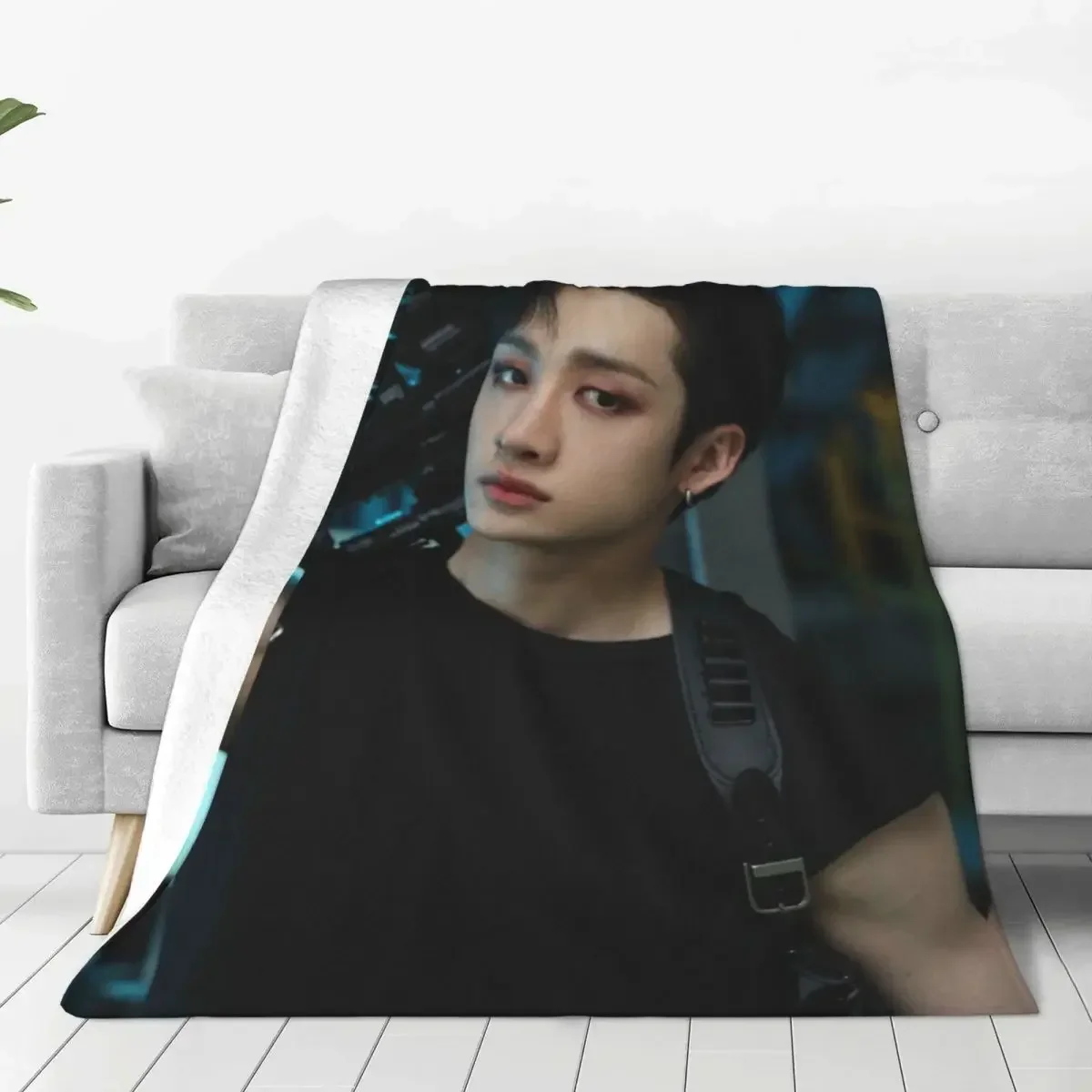 Bang Chan Flannel Blanket Cool Boy Gun Warm Soft Throw Blanket for Living Room Airplane Travel Funny Bedspread Sofa Bed Cover