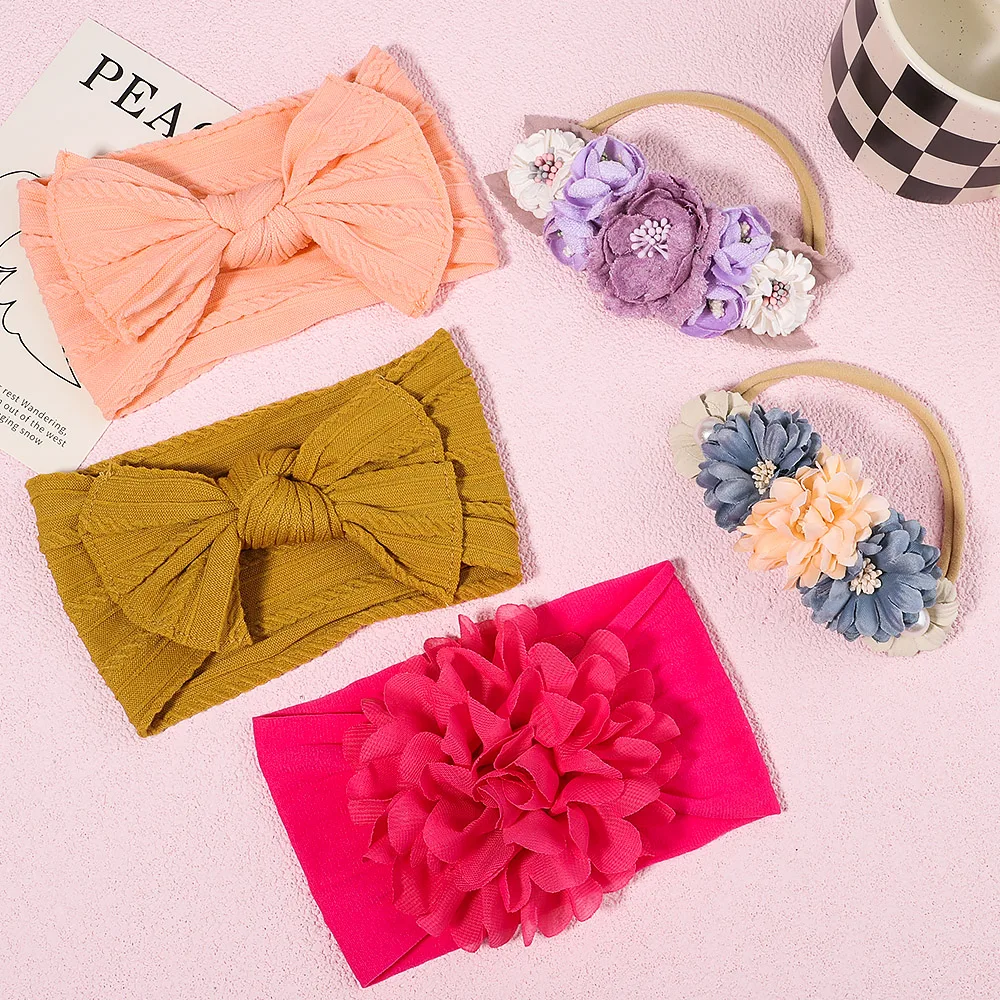 3Pcs/Set Cable Knit Flower Baby Headbands For Girls Elastic Turban Kids Bands Nylon Newborn Headwrap Fairy Hair Accessories