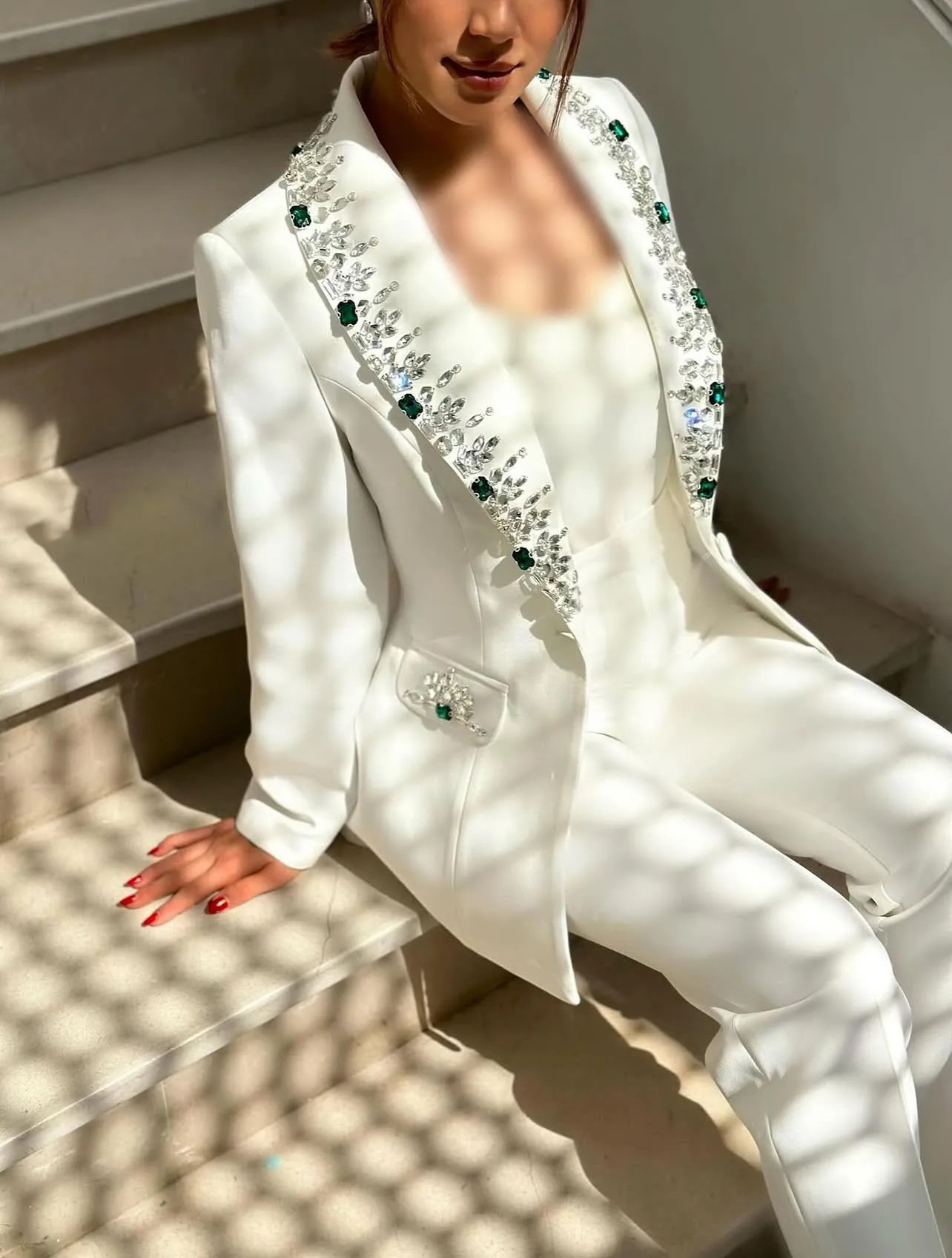 Elegant Women's Dresses Suit Gowns Beads Lapel One Button Jacket And Pants For Female Satin 2 Pieces Suit Customized