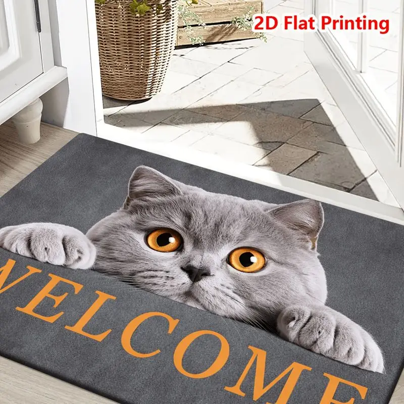 VIKAMA Welcome British Shorthair Cat Doormat Peeking Orange Eyes Skid Resistant Front Entry Floor Rug Rug Seasonal Xmas Decor