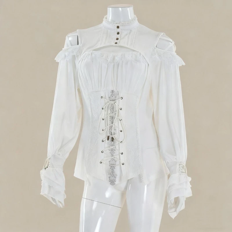 Gothic Y2k Lolita Blouses Women Vintage Elegant Lace Off Shoulder Black Slim Shirts Female Punk Style Long Sleeved Bandage Tops