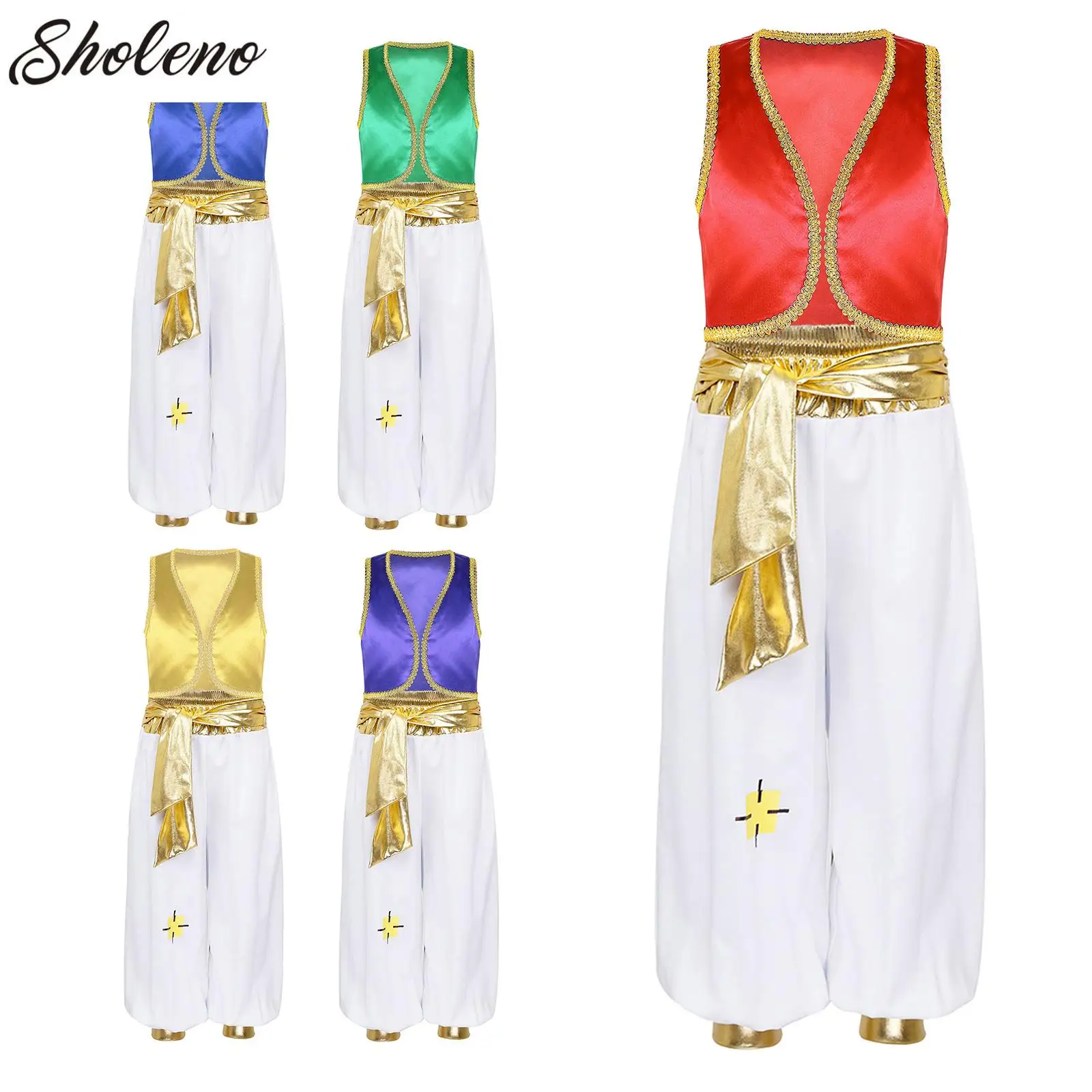 

Boys Arabian Prince Cosplay Costumes Child Gild Trim Waistcoat with Belted Pants Outfit for Halloween Masquerade Party Costume