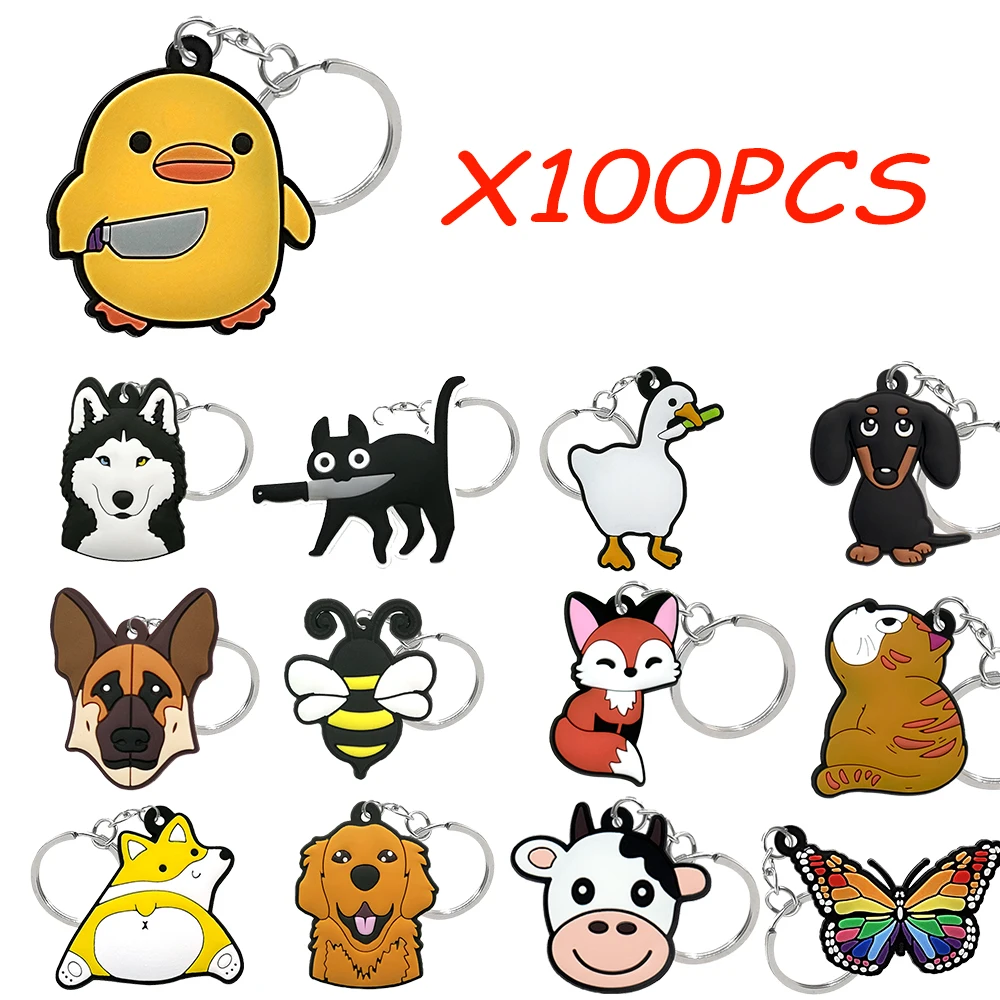 100PCS Cute Animal Keychains Set Cool Frog Duck Dog Cat Key Chains for Women Men Car Key Accessories Animals Keyring Decoration