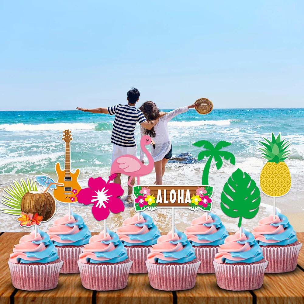 Flamingo Aloha Cake Topper Happy Birthday Hawaii Coconut Pineapple Tree Cupcake Toppers Baby Shower Kids Party DIY Baking Decor