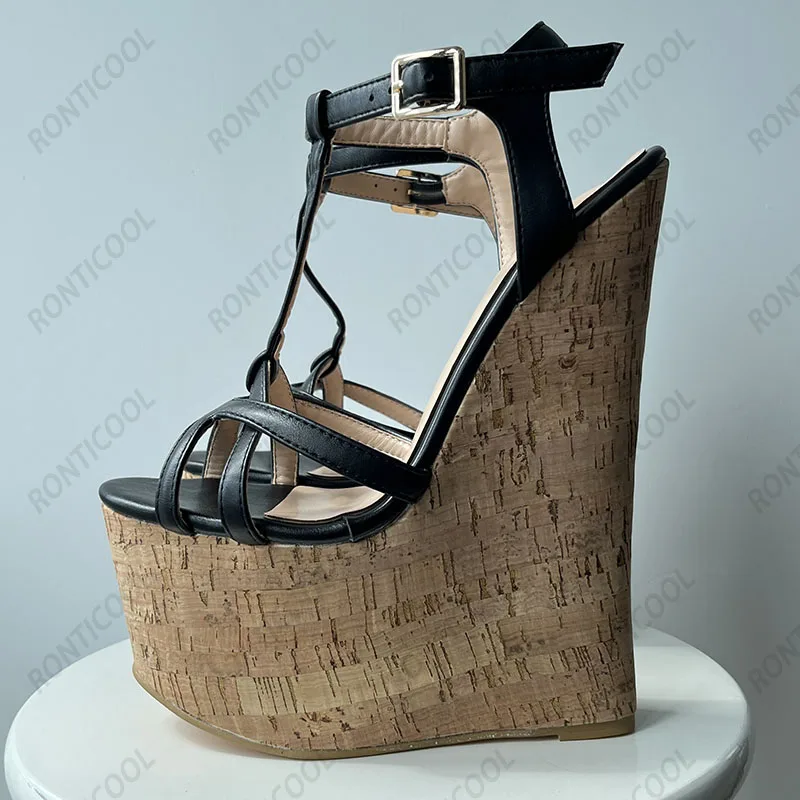 Ronticool Handmade Women T-strap Sandals Ultra High Wedges Heels Round Toe Classics Black Dress Shoes Ladies US Plus Size 5-15