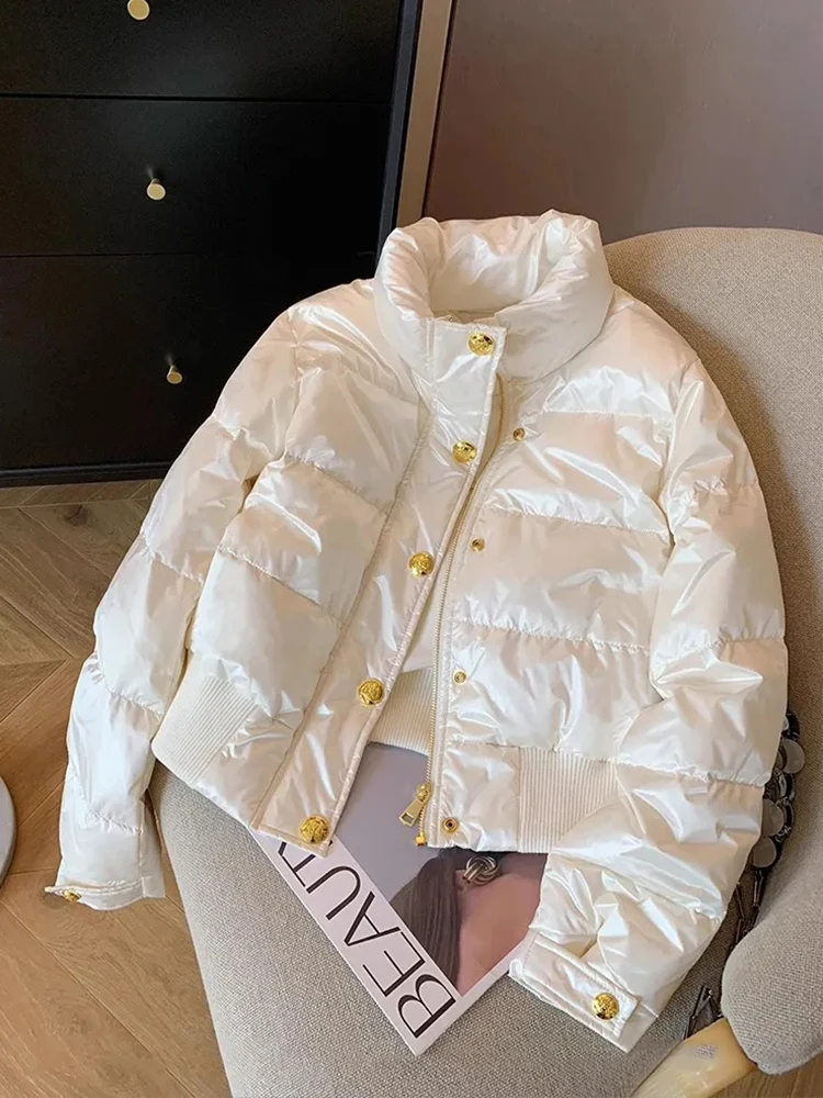 

Jmprs Elegant White Parkas Women Casual Buttons Korean Puffy Coats Winter Fashion Long Sleeve Warm Thick Stand Collar Jackets