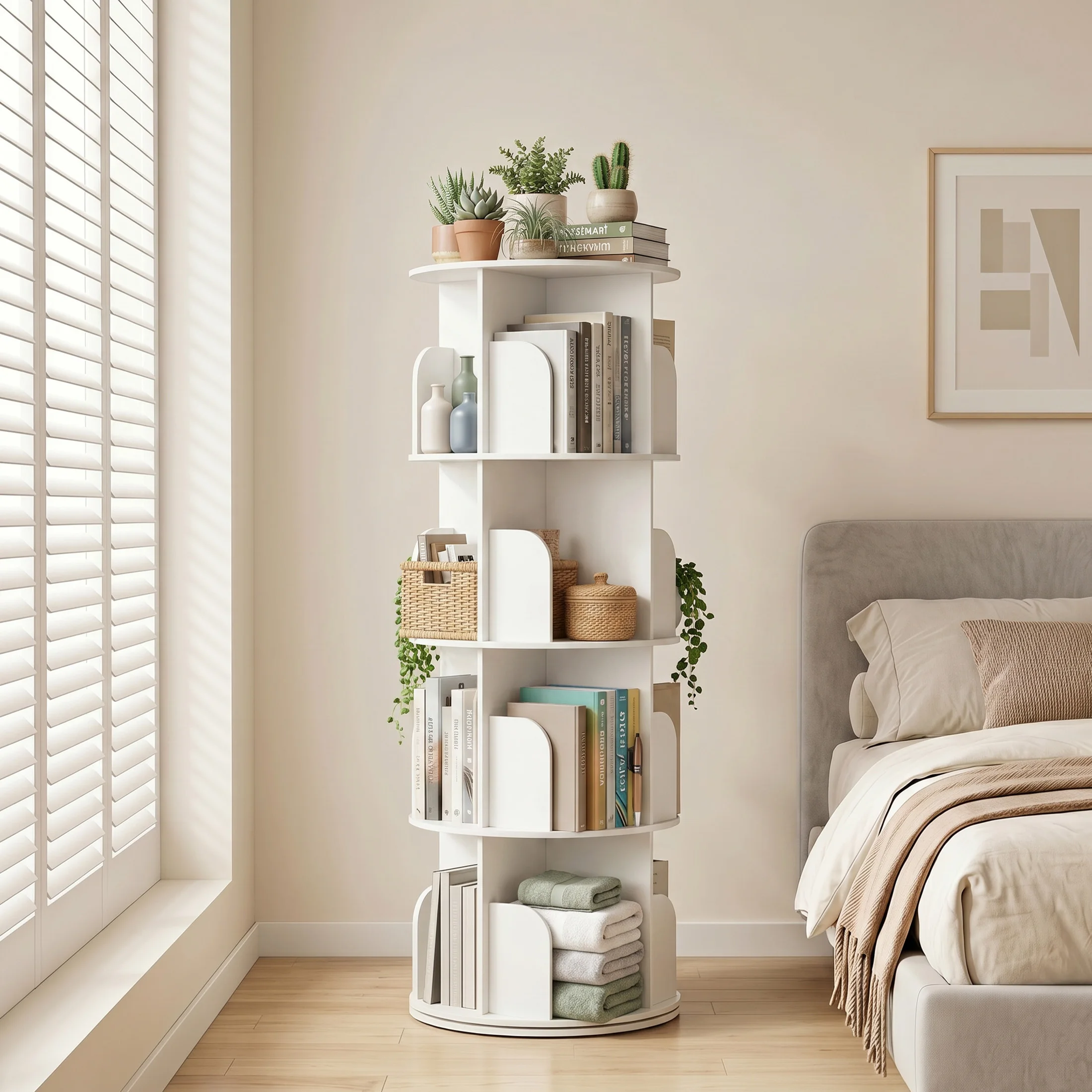 JHK 3-4 Tier Rotating Storage Bookshelf 360° Display Revolving Bookcase  Freestanding Vertical Corner Book Shelf for Bedroom Living Room