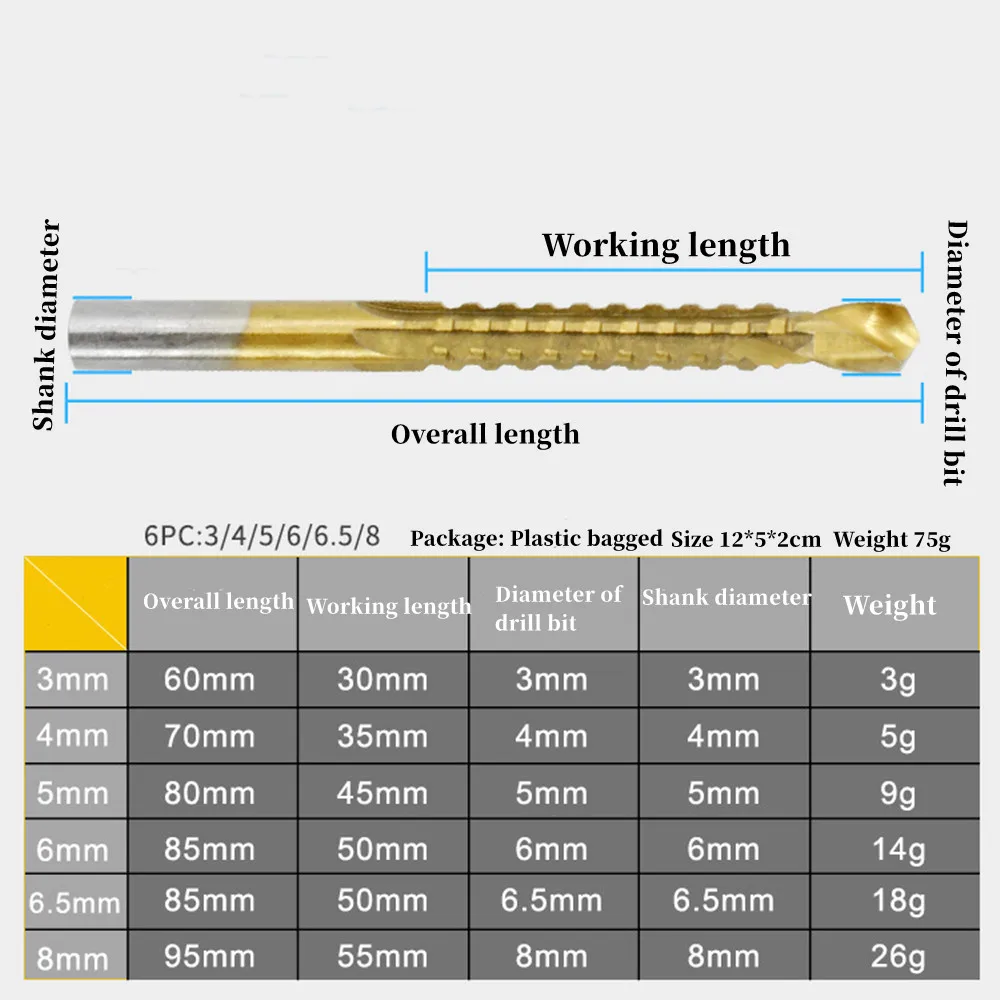 3Mm 4Mm 5Mm 6Mm 6.5Mm 8Mm 6Pc Set Hss Boor Gekarteld houtbewerking Multifunctionele Metalen Ruimen Ponsen Steken Tanden