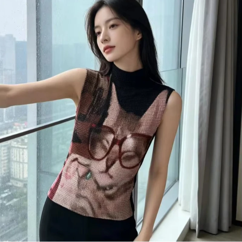 Individuality Retro INS Summer Women's High Neck New Summer Waffle Printed Top Cute Cartoon Cat Print Short Sleeve T-shirt EMO