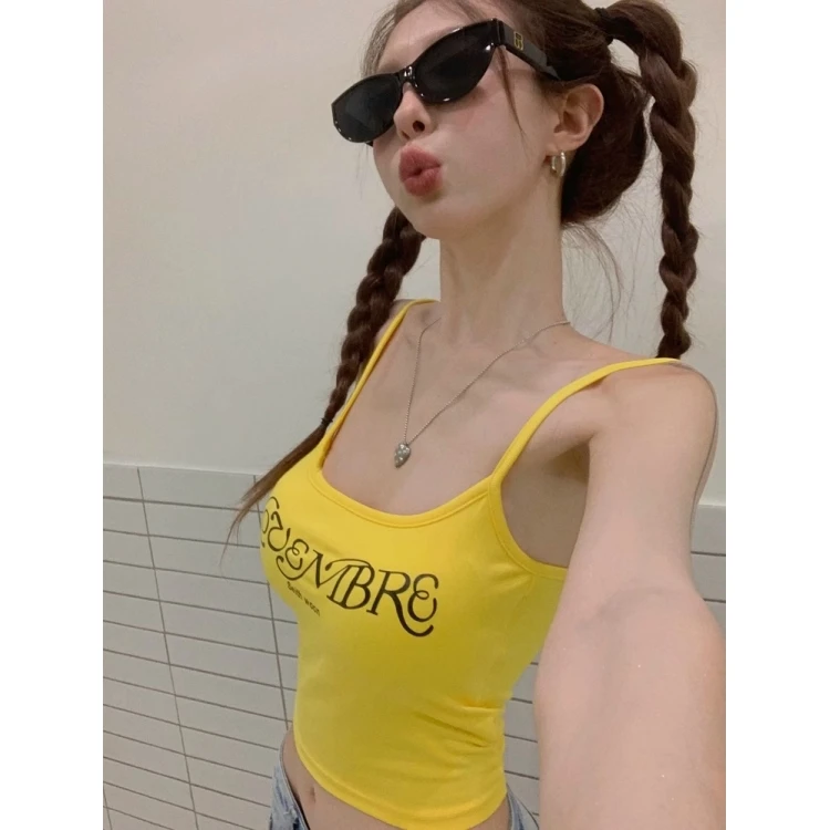 슬림핏 짧은 프린트 크롭탑 여성 여름 달콤하고 매운 레터 프린트 홀터 베스트 이너웨어 아우터웨어 패션 트렌드