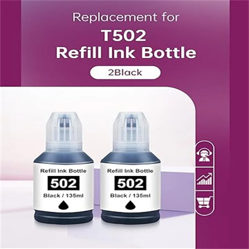 2 Black 135ML 502 Compatible Black Ink Replacement for Pigment Ink for ET-2760 ET-4760 ET-2750 ET-3760 ET-2850 ET-15000 ST-4000