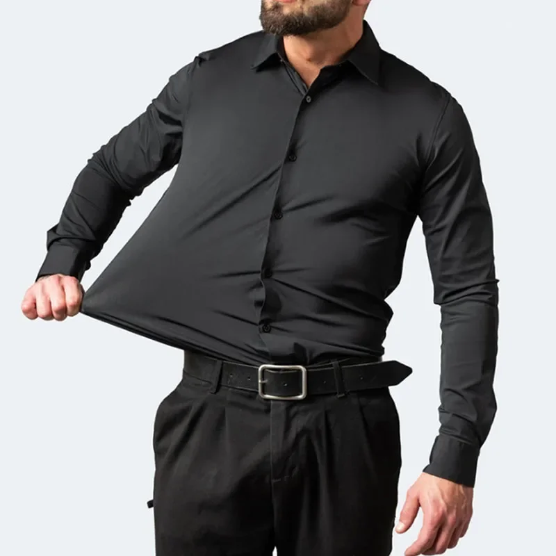 6xl New Spring and summer elastic force non-iron men\'s long-sleeved business casual shirt solid color mercerized vertical shirt