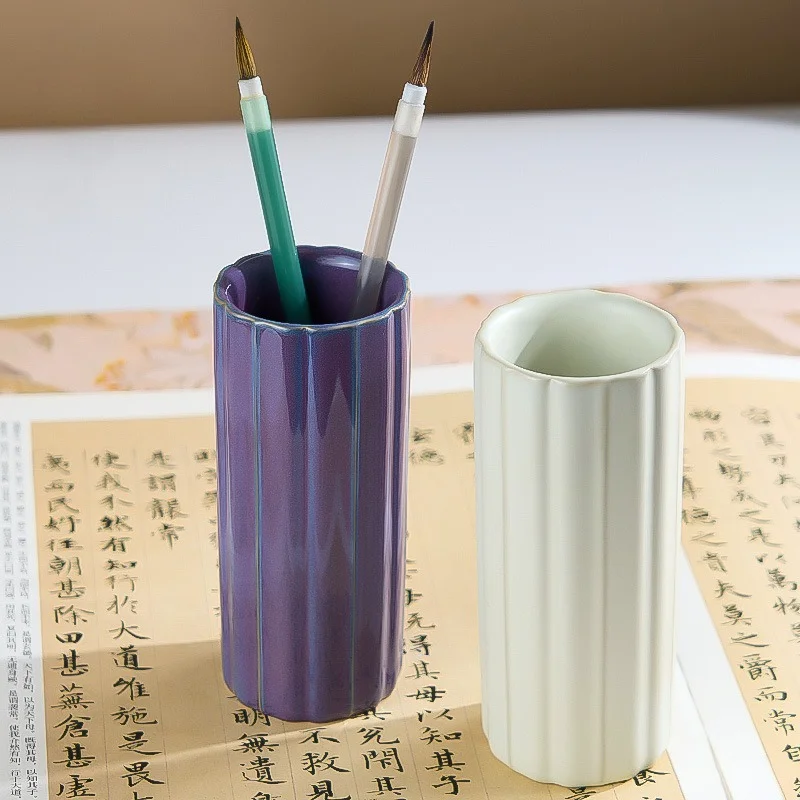 Retro Cultural Creative Chinese Style Brush Holder Ceramic Pen Container Desk Chinese Calligraphy Brush Storage Tube