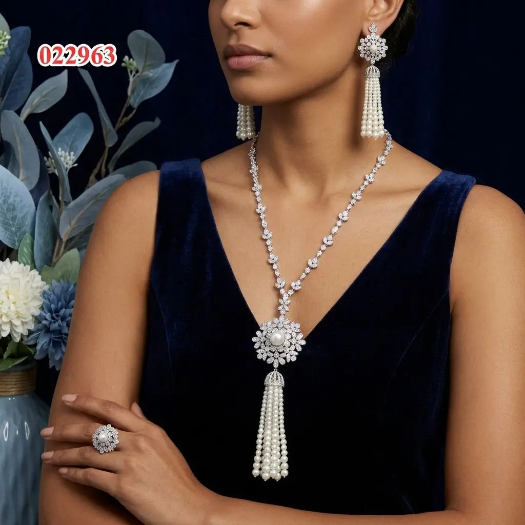 Bride Talk Luxury Pearl Flower Jewelry Set 4Pcs Elegant Zircon Long Tassel Fringe Bridal Wedding Accessories Statement Jewelry