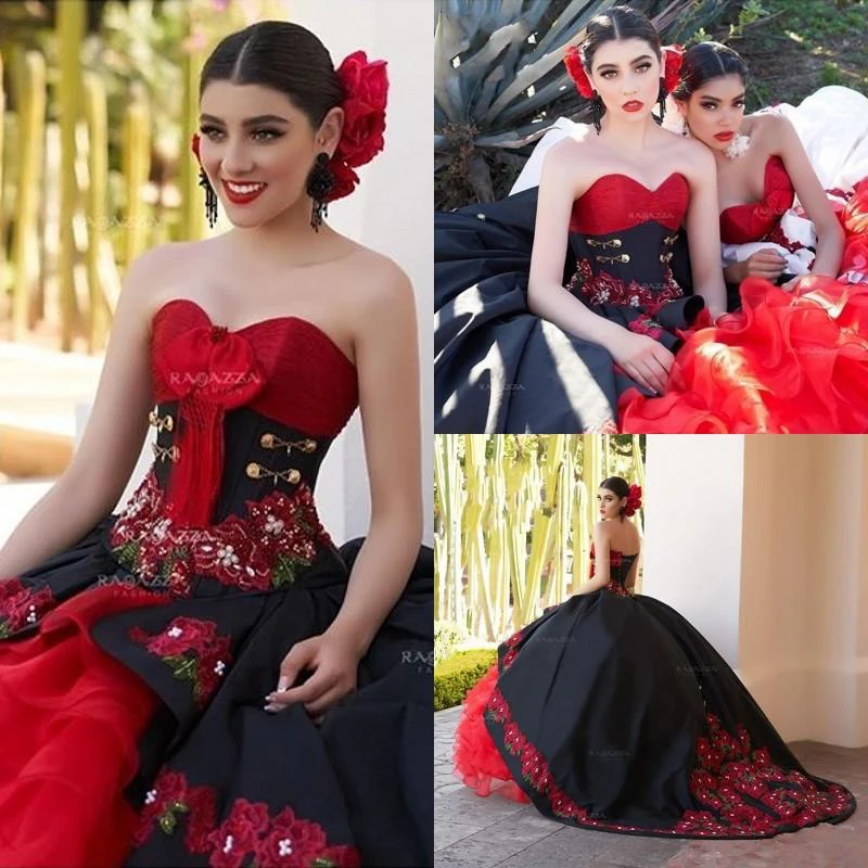 Stickerei schwarz Ballkleid Quince anera Kleider von der Schulter Rüschen mexikanische süße 16 Kleider Vestidos de Quince aneras Brauch