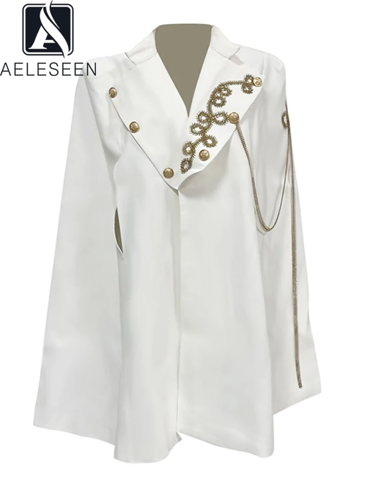 AELESEEN Fashion Designer Autumn Winter Capes Turn-down Collar White Luxury Beading Solid  Embroidery Ponchos Coat Cloak