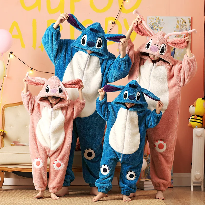 

Disney Stitch Winter Family Pajamas Set Long Sleeve Hooded Christmas Warm Sleepwear Flannel Pijamas Mother Dad Kids Home Clothes