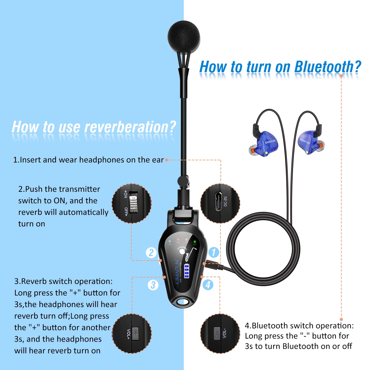 Imagem -06 - Kimagfun-clip-on Uhf sem Fio Saxofone Microfone Reverb e Monitoramento Bluetooth para Músicos Mixers de Áudio Alto-falantes pa