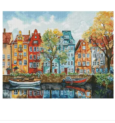 Counted Canvas Cross Stitch Kit, Copenhagen, City Street, River Boat, Colorful House, Luca-S BU5046, Embroidery, DIY