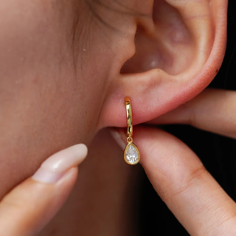14K Gold Plated 925 Sterling Silver Teardrop Moissanite Drop Hoop Earrings | Elegant Sparkling Dangle Jewelry for Women & Gifts - view 3