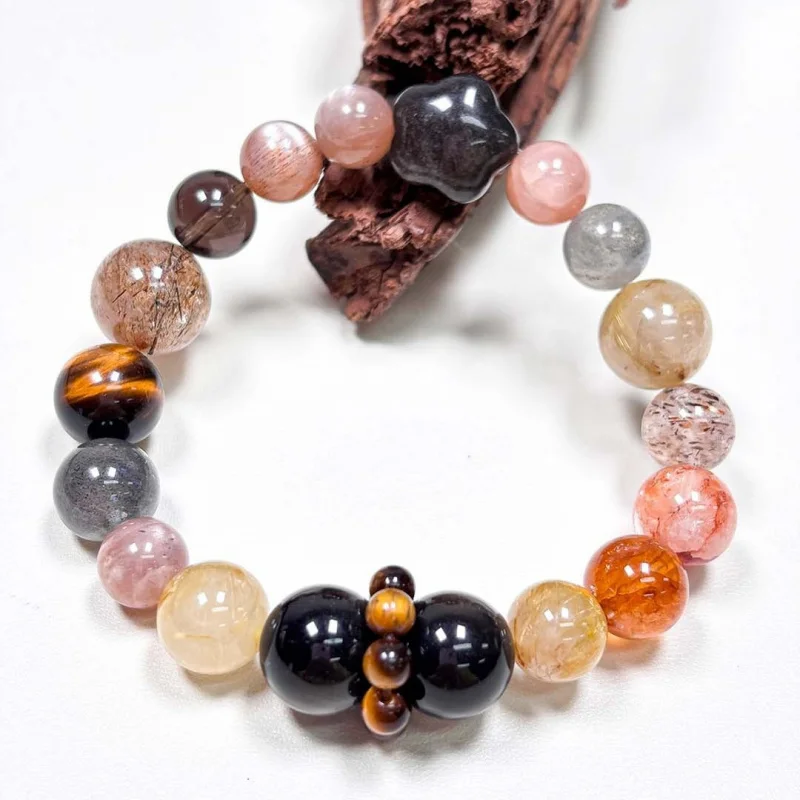 Natural Tiger Eye Stone Silver Obsidian Tea Golden Rutilated Quartz Seven Bracelet Moonstone Beaded Jewel