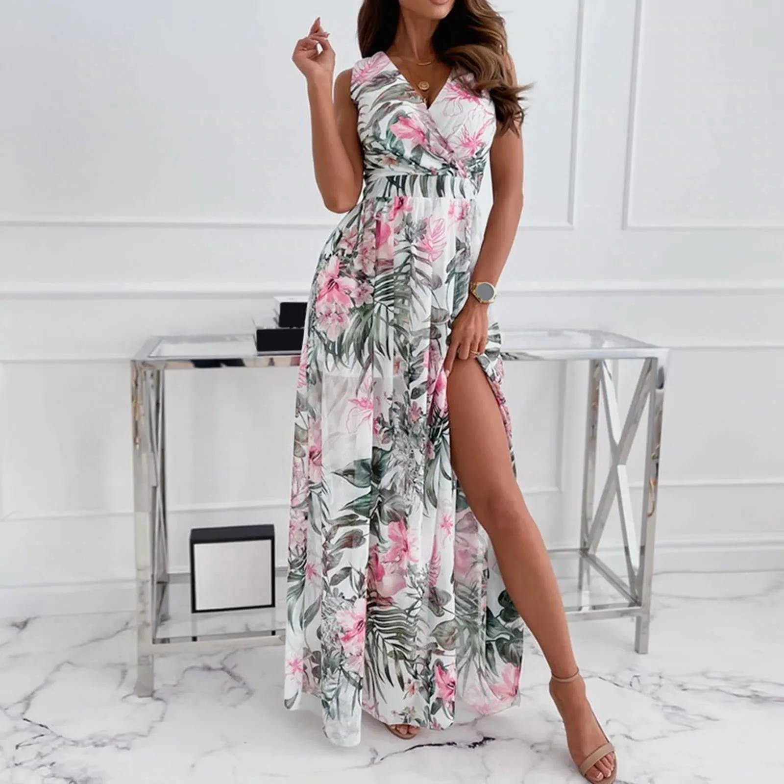 Sommer Blume Drucken Lange Maxi Kleid Frauen Elegante Partei Vestidos Retro Chiffon Sleevelss Hohe Taille V-ausschnitt Slit Kleid Boho robe