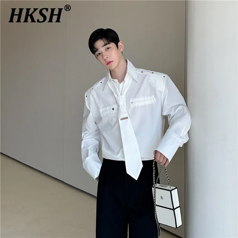 

HKSH Spring Autumn Summer New Trendy Rivet Decoration Design Shirt Korean Chic Fashion Tops Tie Loose Casual Dark Shirts HK2398