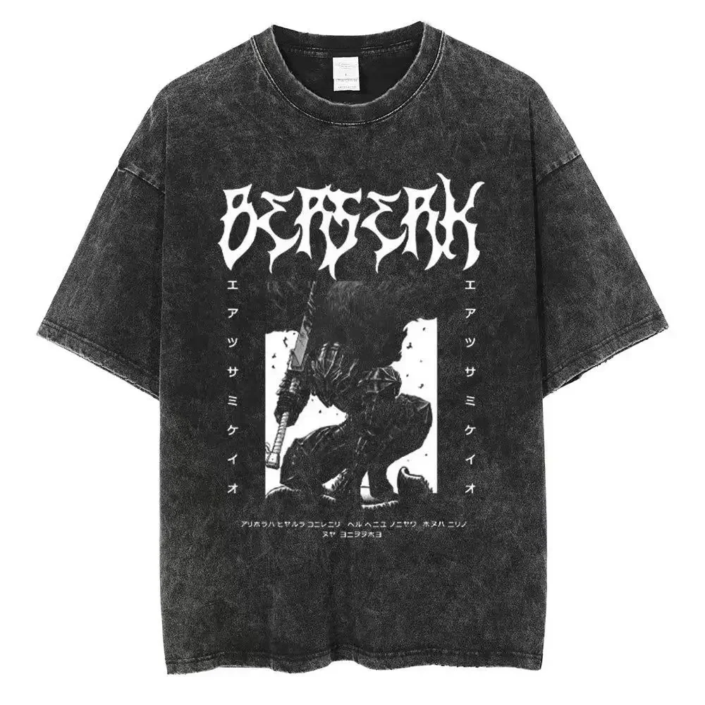 

Berserk Print T-shirt Men Women Washed Vintage Japan Anime Oversize Streetwear Harajuku Summer Short Sleeve Tshirt Cotton Tops
