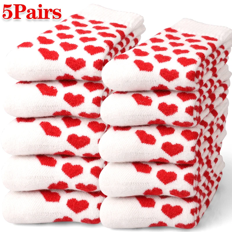 

5 pairs winter terry women's socks heart pattern plush warm mid-tube sock ultra-thick soft Comfy snow socks outdoor sports sock