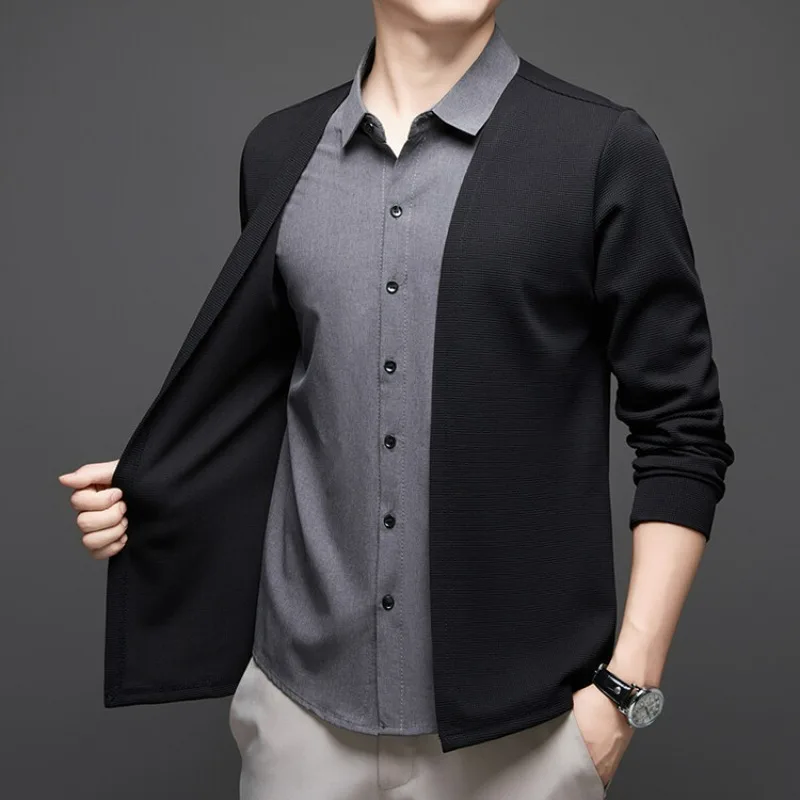 KIDWHXR Man Spring Autumn Shirts Business Casual Patchwork Single-breasted Men Tops Long Sleeve Male Fake Two-piece Cardigans