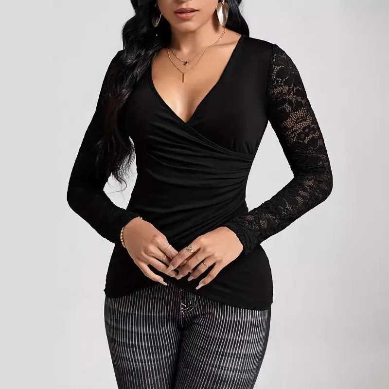 الخامس الرقبة الكورية الأسود المرقعة الدانتيل بأكمام طويلة سليم صالح المرأة قمة الربيع والخريف موضة كروس بلوزة أنيقة جديدة