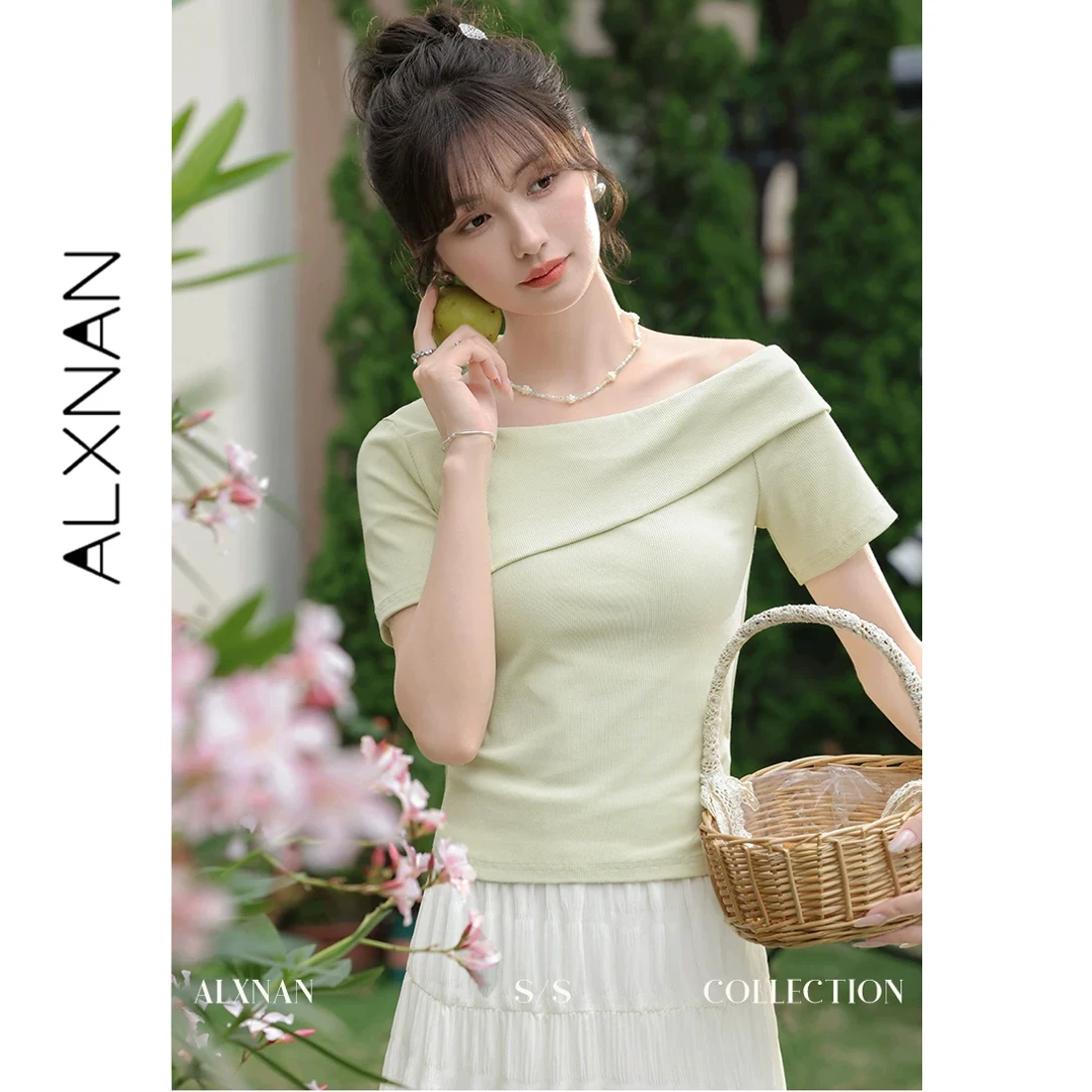 

ALXNAN 2026 Green T-shirt Asymmetric Neck Slim Fit Short Sleeve T-shirts Women Summer Casual Elegant Female Clothing VL36118