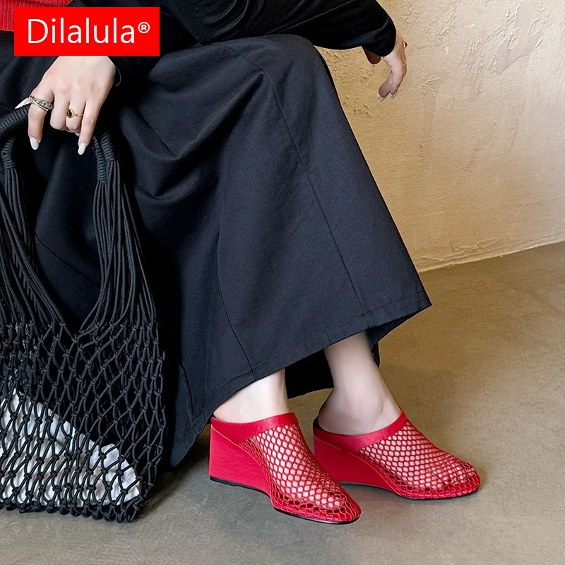 

Dilalula 2025, сексуальные сетчатые тапочки, женские туфли-лодочки на высокой танкетке с закрытым носком, вечерние летние сетчатые тапочки, женское платье