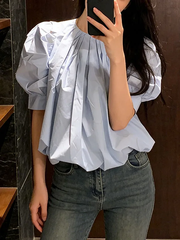 

Blue Bubble Sleeve Pleated Shirt Women's Fashion Design Summer New Style Korean Version Commute Wind Regular Fit Short Sleeve