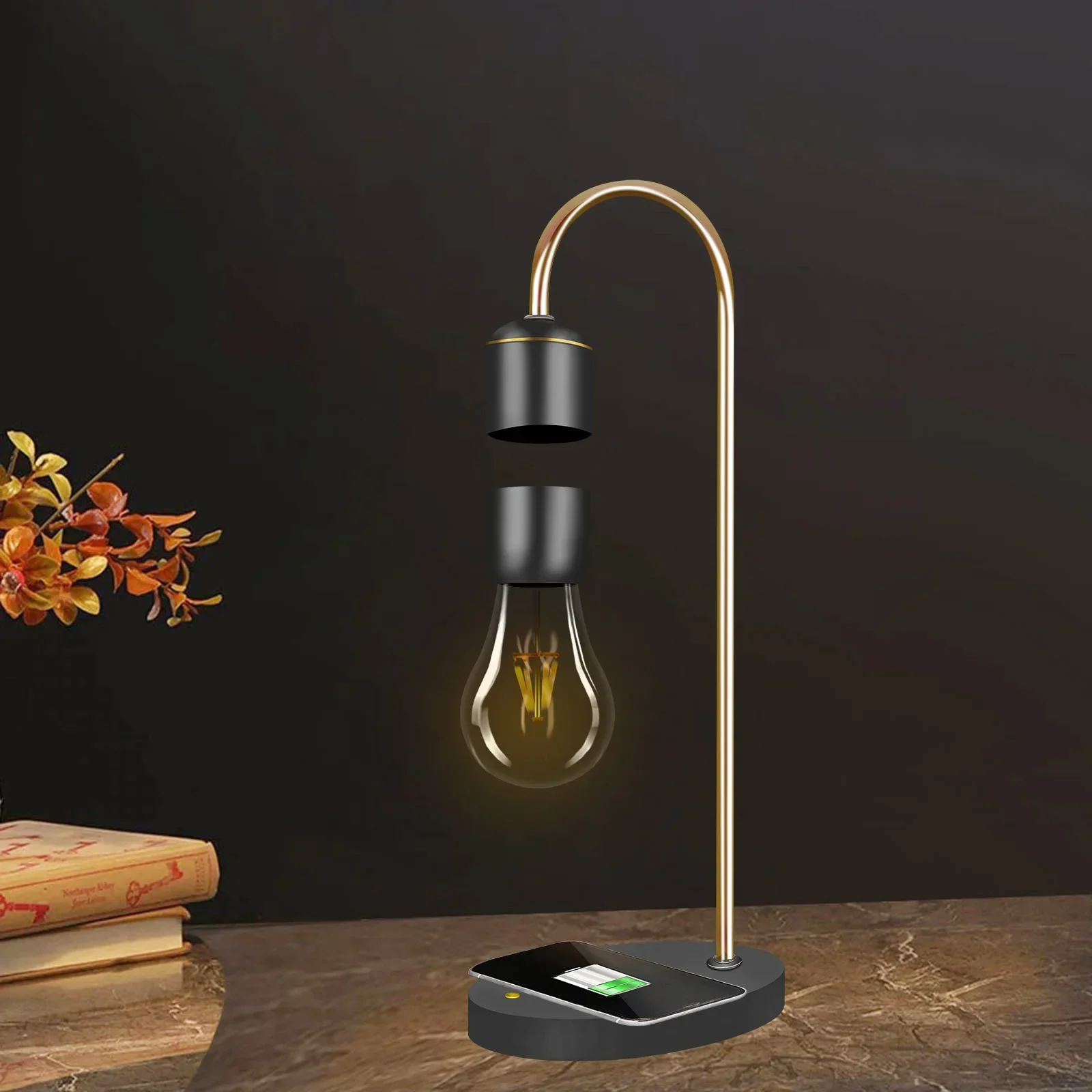 Ampoule LED magnétique sans fil avec base en bois, lampe flottante, charge rapide pour téléphone, lampe de bureau, décoration d'intérieur, 17W