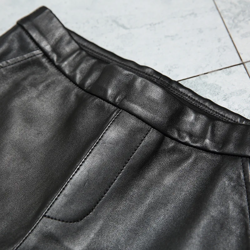 Spodnie damskie ze skóry naturalnej S-4XL, z wysokim stanem, obcisłe, elastyczne, ze skóry owczej, typu skinny, klasyczne czarne spodnie ołówkowe. — zdjęcie 5
