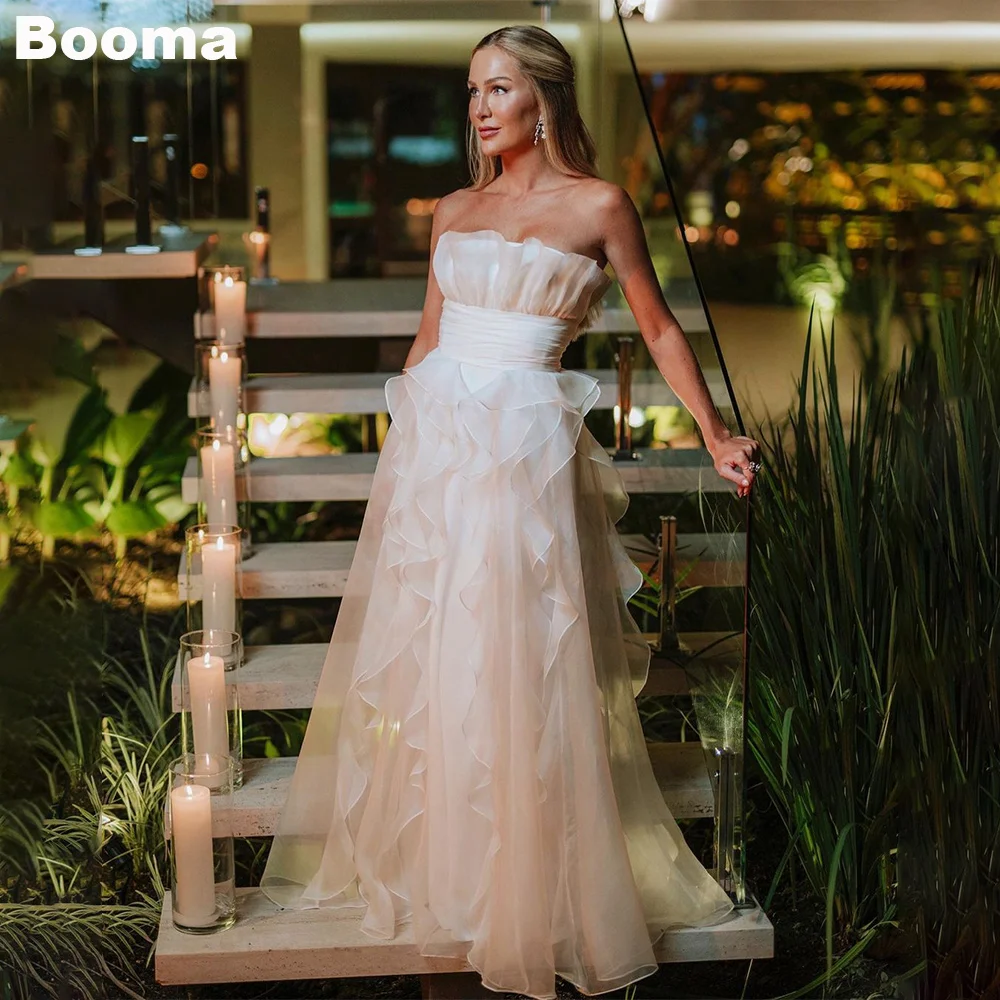 

Booma Silk Organza Elegant Evening Dresses Strapless Ruffles Wedding Party Gowns A-Line Long Prom Dresses Formal Occcasion Dress