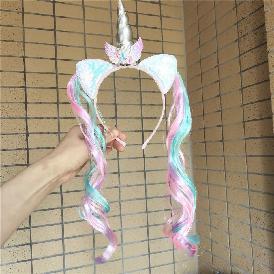 Girl Headband Kids Candy Color Sparkle Sequins Unicorn Braid Children Christmas Rainbow Hair Accessories Baby Birthday Hair Band