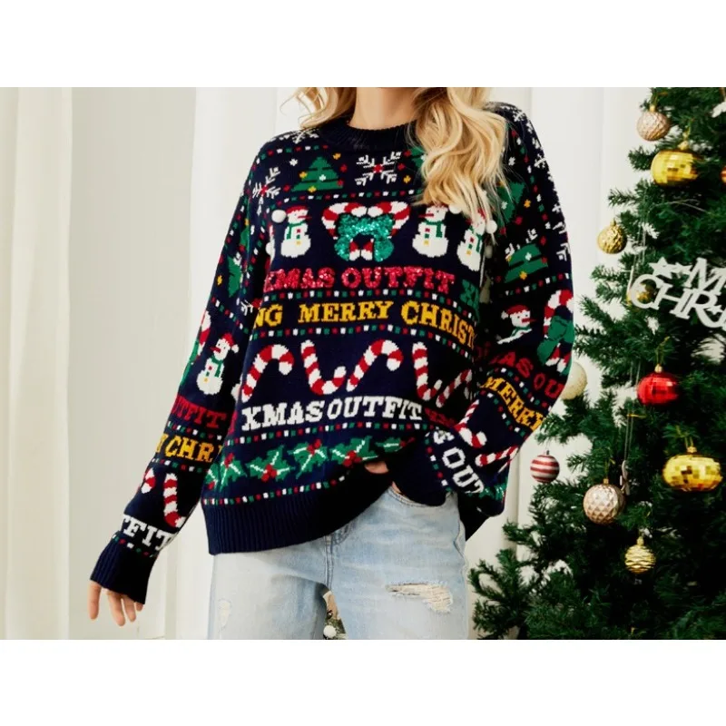 2025, lockerer Strickpullover, Herbst/Winter, Weihnachtsbaum, Rundhalsausschnitt, Wollpullover, kleiner Schneemann, Pailletten, Weihnachts-Wollmantel