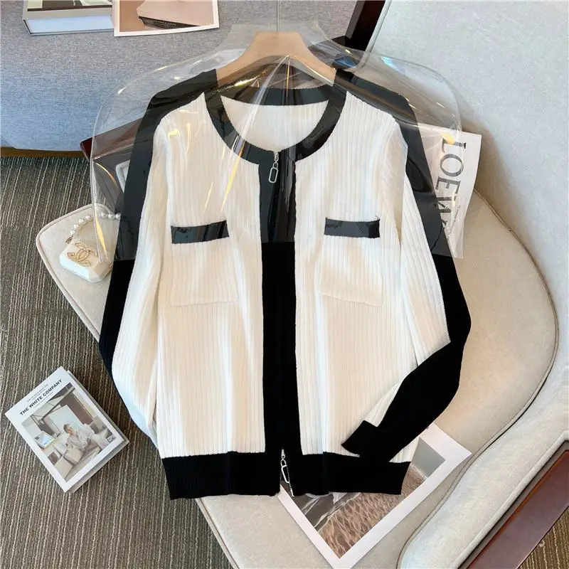 2023 New Autumn and Winter Temperament Color Contrast Patchwork Casual Loose and Versatile Oversize Small Fragrance Sweater