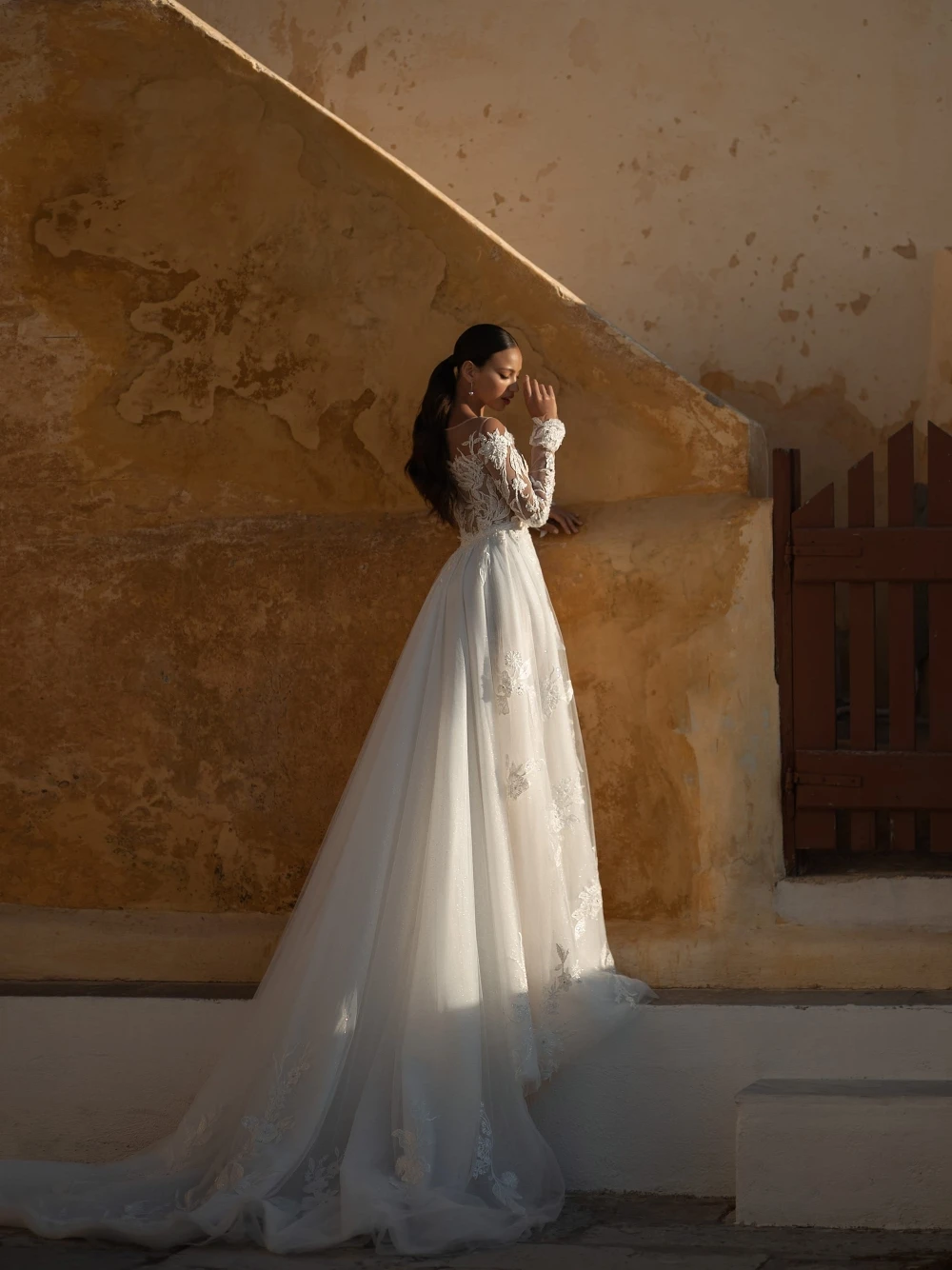 Champagne Lining Gorgeous Appliques Wedding Dress Customized For Women With Detachable Train Shiny Illusion Bridal Gown