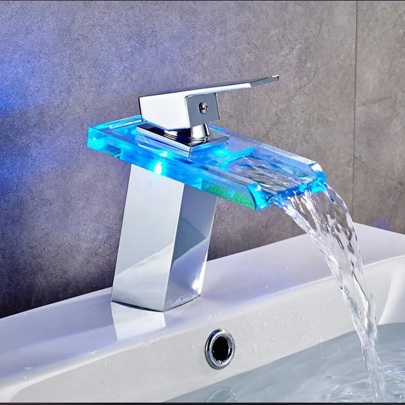 Temperature controlled tri color LED luminous glass faucet square waterfall basin table hot and cold water faucet
