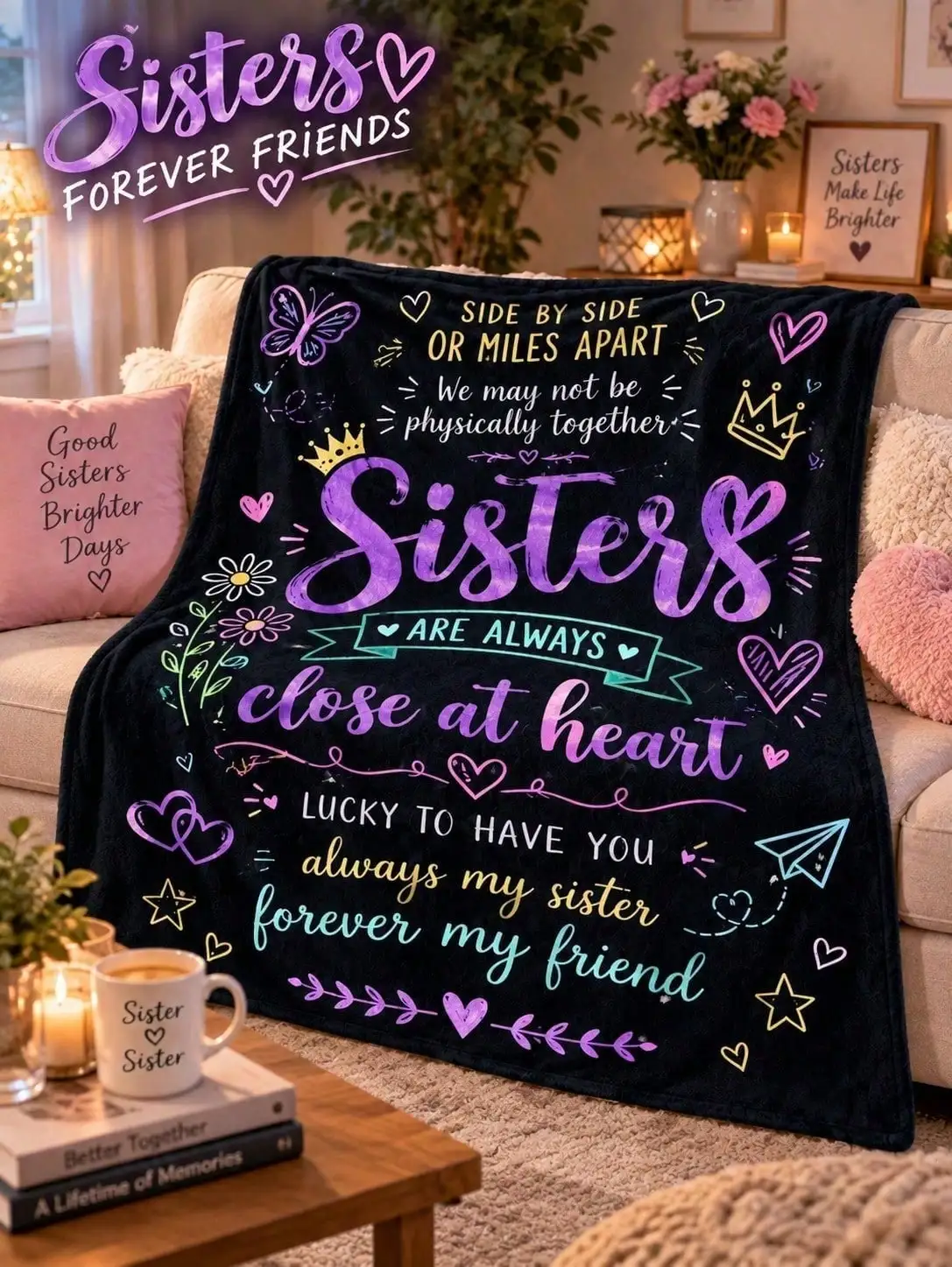 Sisters Forever Friends Hearts Crowns Flannel Blankets Sofa Bed Throw Home Decor Bedroom Living Room Christmas Halloween Thanksgiving Birthday Anniversary Housewarming Gift Family Guestroom Lounge Winter Seasonal Reading Nook Travel Office Couch