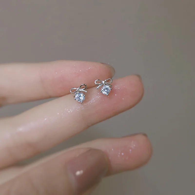 Mini Shiny 925 Sterling Silver Single Zircon Hollowed-out Bowknot Stud Earrings for Woman Jewelry Accessories Girlfriend's Gifts