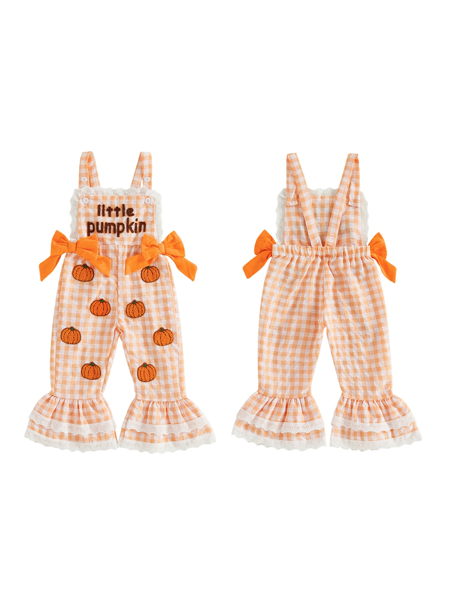 Toddler Ghost Embroidery Plaid Halloween Romper Overalls Pumpkin Ghost Print Plaid Print Sleeveless Halloween Toddler Ghost
