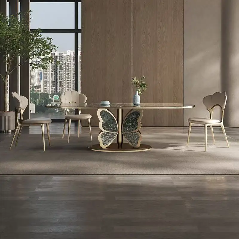 || Modern Marble Top Butterfly Shape Golden Stainless Steel Frame Durable Dining Table Set Home Office Home Furniture 6-8-10 Sea