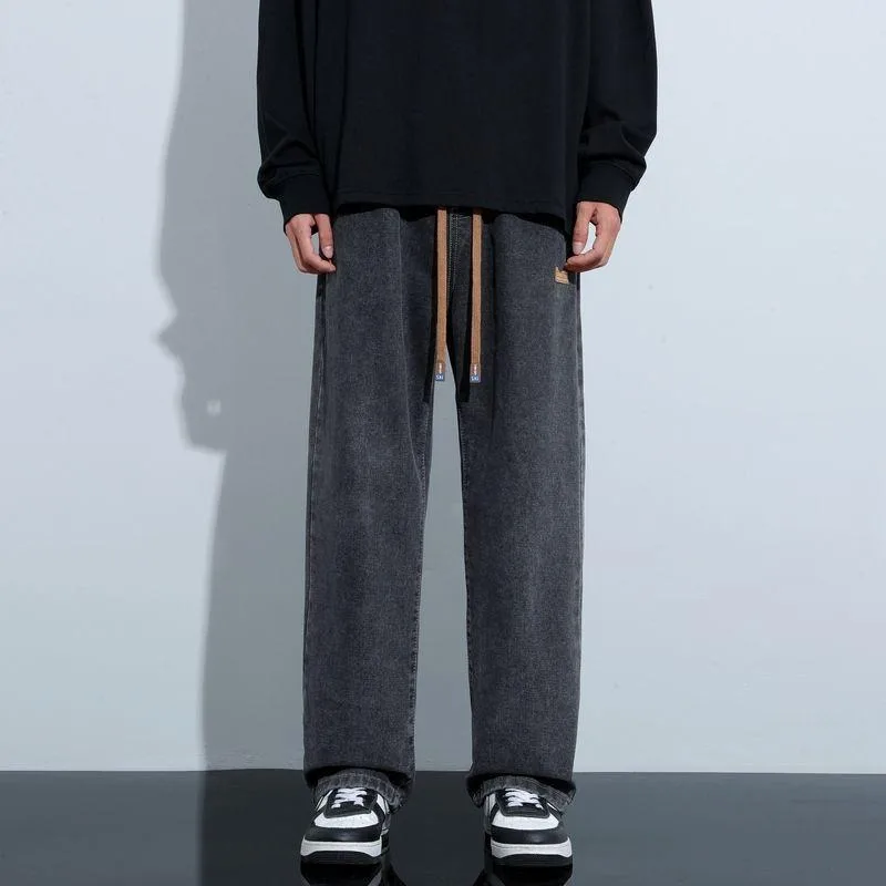 Vintage American Style Distressed Black Grey Jeans Oversize Loose-fit Straight-leg Pants Casual High Street Fashion For Men