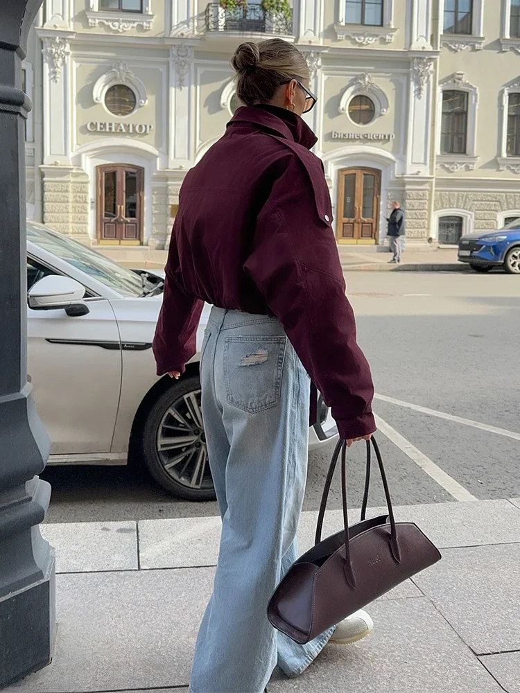 عادية النبيذ الأحمر الدانتيل يصل سترة قصيرة المرأة سحاب أكمام طويلة الوقوف طوق جيب زر معاطف سيدة جديدة شارع العليا ارتداء الخريف